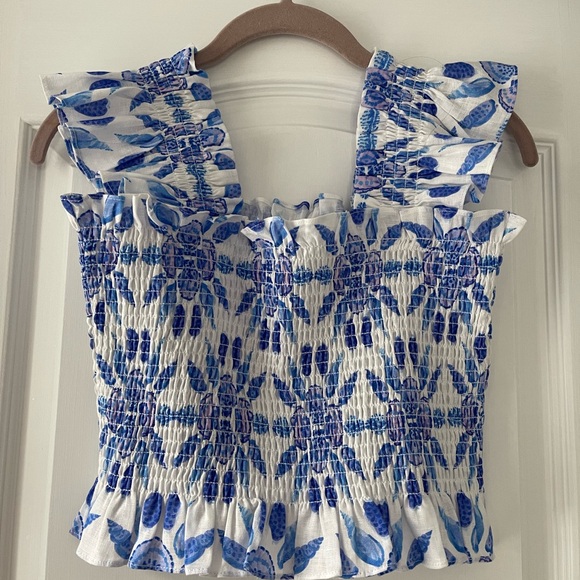 Hill House Home Linen Cropped Naz Nap Top in Blue Shell Mosaic Size M Coastal - Picture 5 of 7